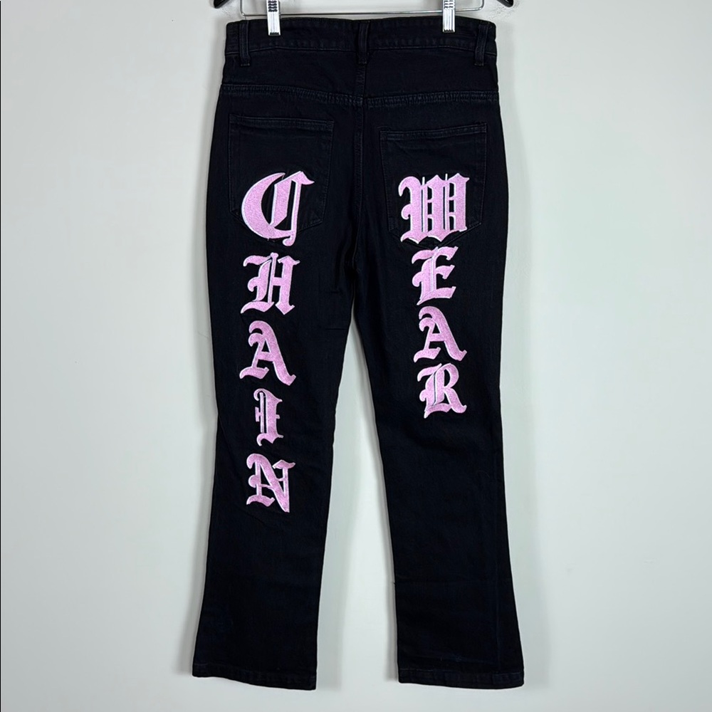 Lukamachain Mens Embroidered Pink on Black Jeans Size Small